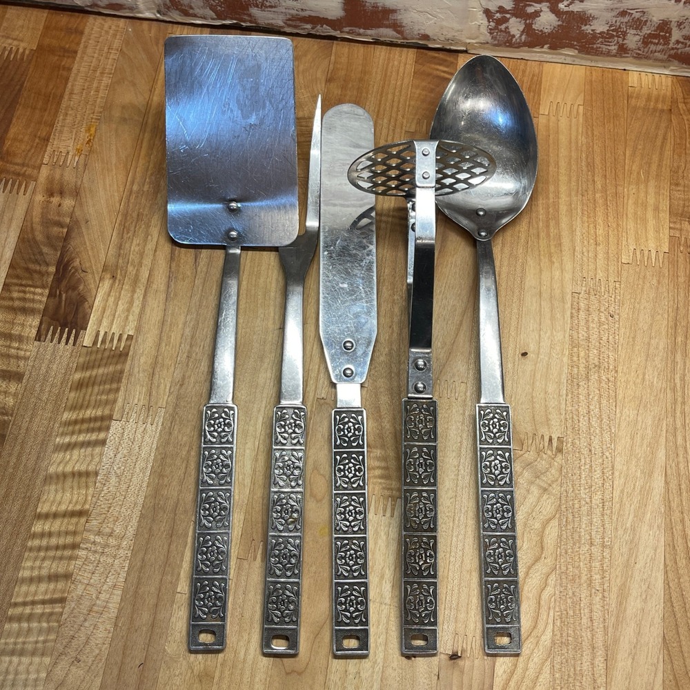 Vintage MCM 5pc Stainless Japan Kitchen Utensil Set Floral Scroll Spatula Masher